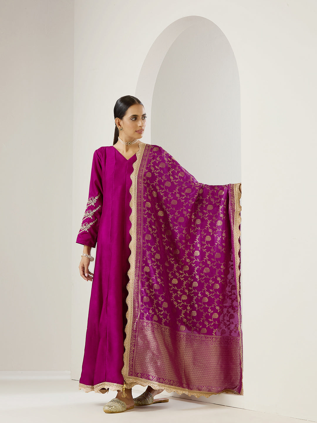 Rich Blende Purple  Zari Embroidered Anarkali Dress with Brocade Dupatta and Latkhans