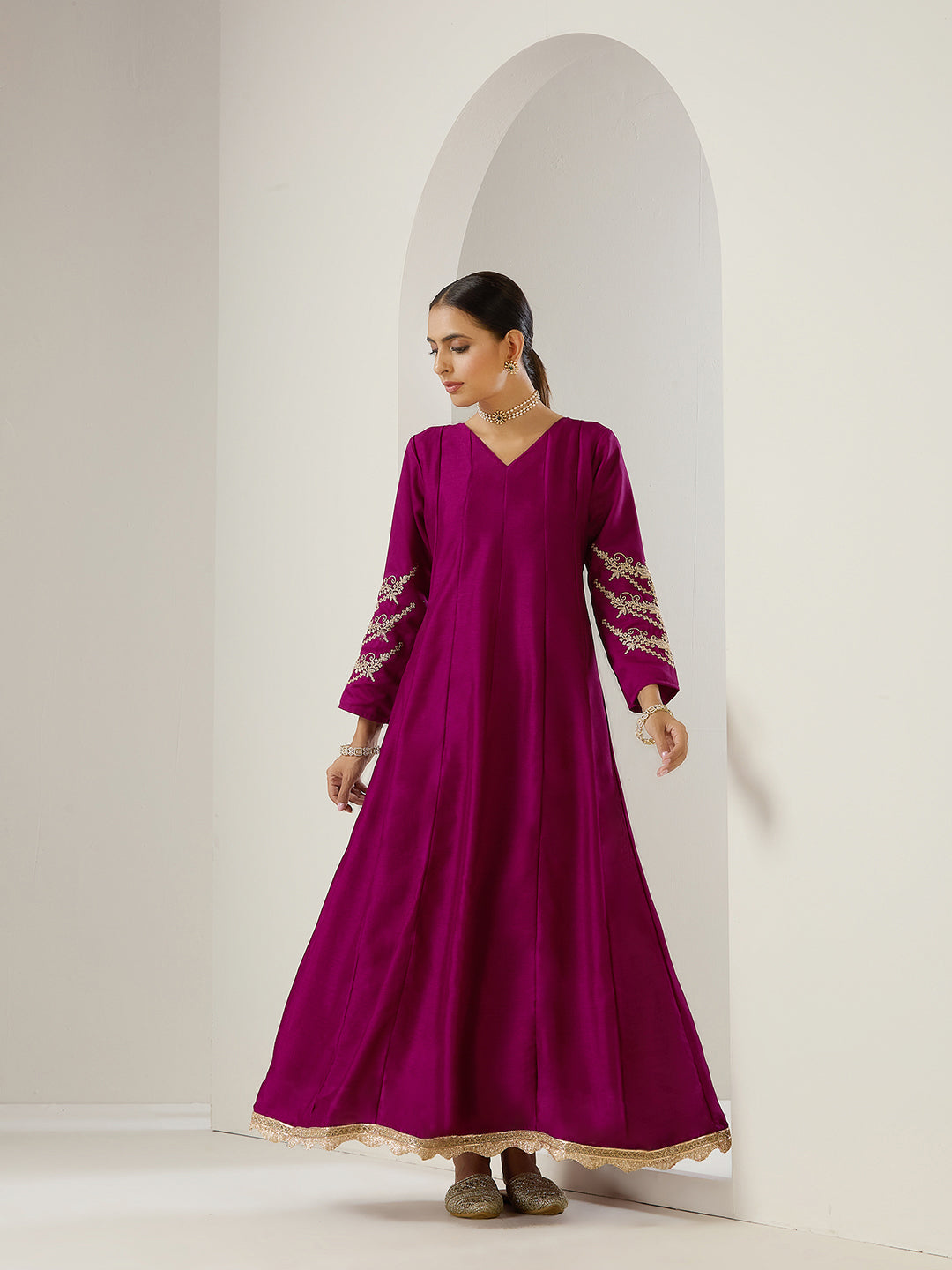 Rich Blende Purple  Zari Embroidered Anarkali Dress with Brocade Dupatta and Latkhans