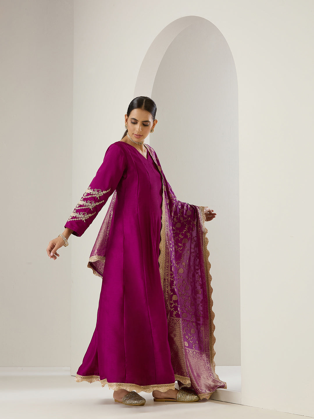 Rich Blende Purple  Zari Embroidered Anarkali Dress with Brocade Dupatta and Latkhans