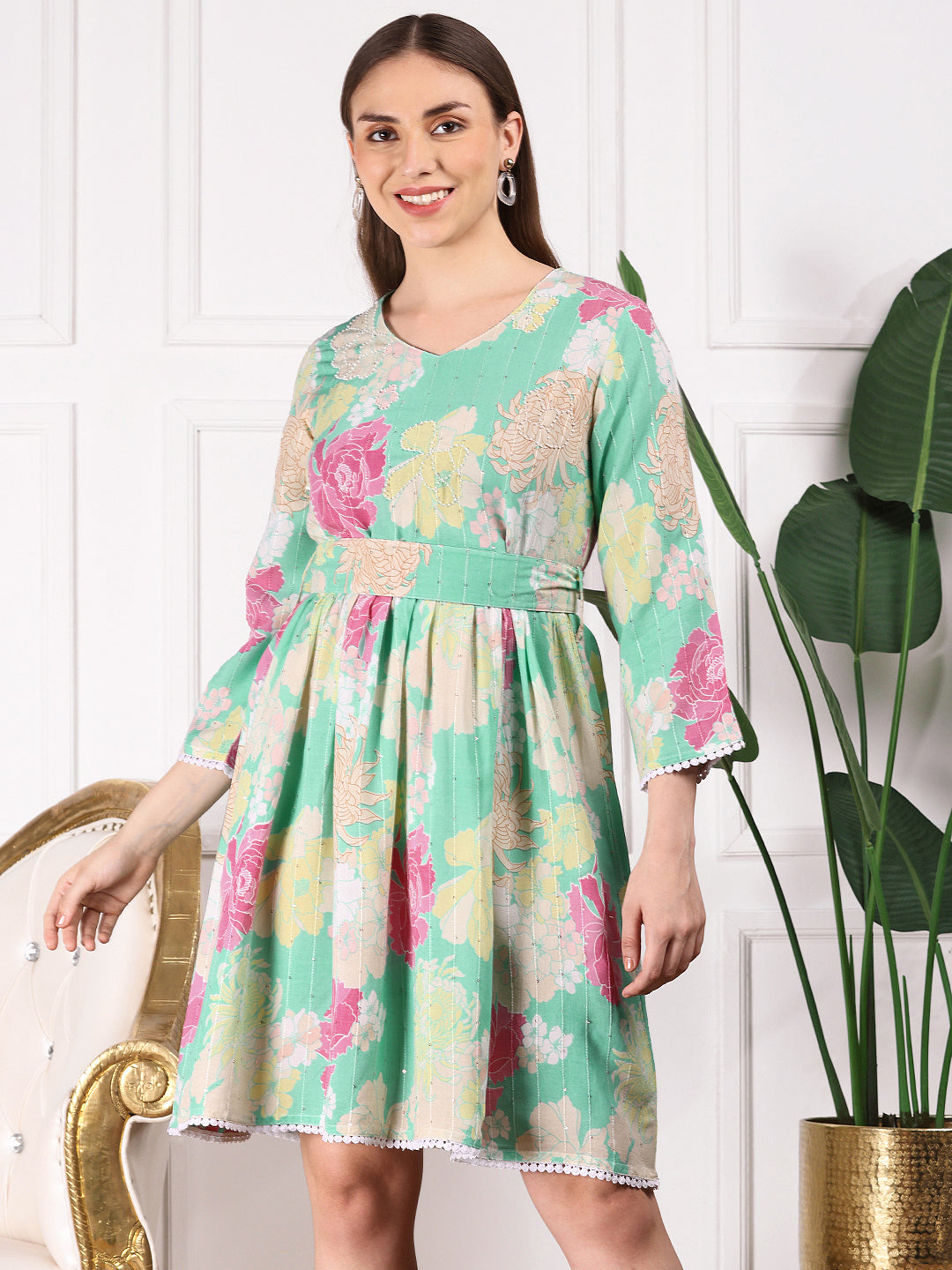 ISHIN Women Floral Printed Flared Sleeves Sequinned Fit & Flare Dress