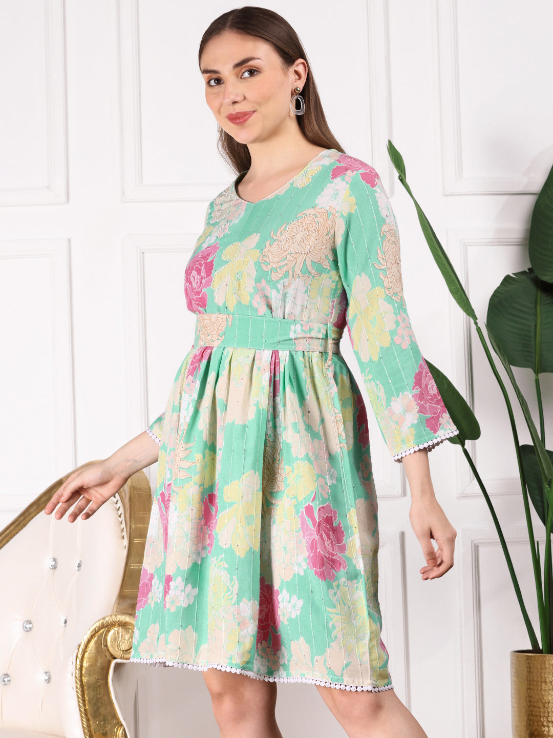 ISHIN Women Floral Printed Flared Sleeves Sequinned Fit & Flare Dress