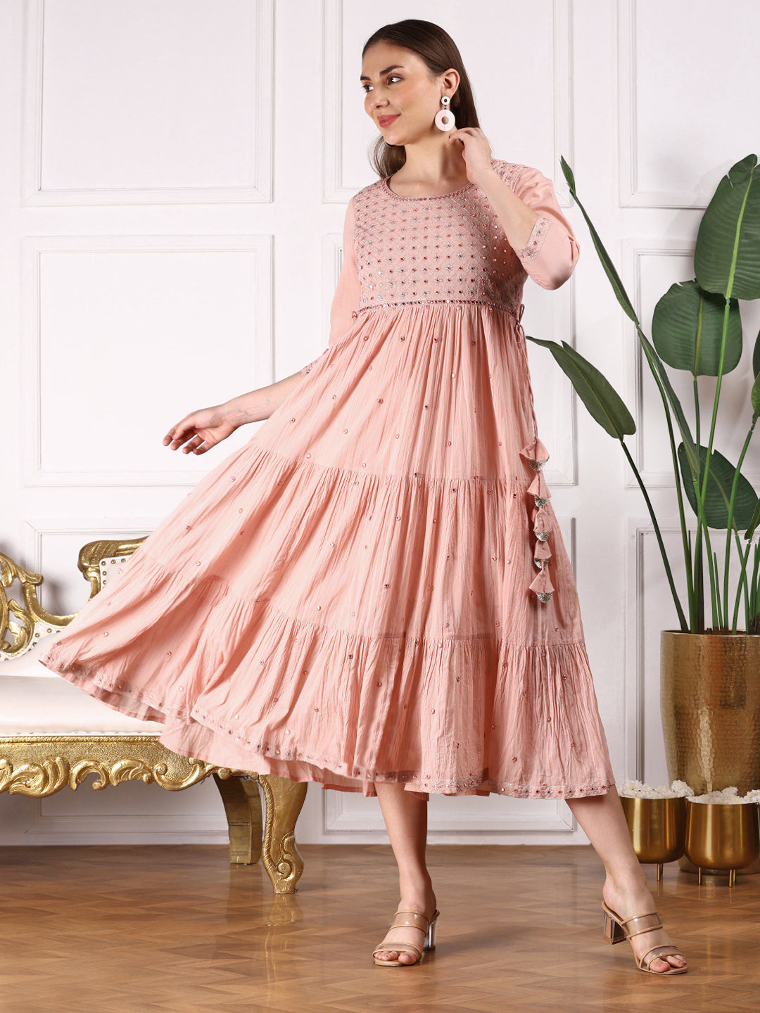 Comfy Peach Cotton Mirror Embroidered Fit & Flare Tiered Dress