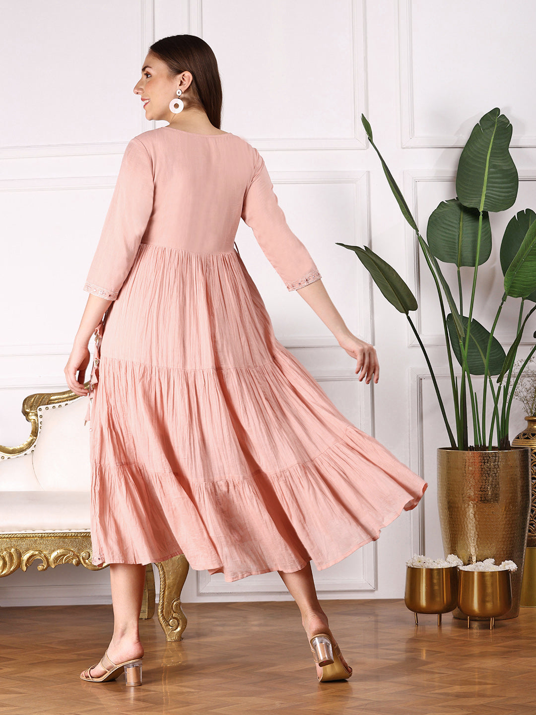 Comfy Peach Cotton Mirror Embroidered Fit & Flare Tiered Dress