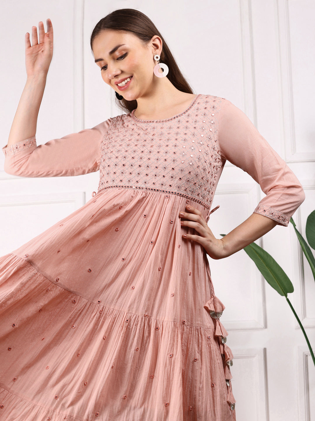 Comfy Peach Cotton Mirror Embroidered Fit & Flare Tiered Dress