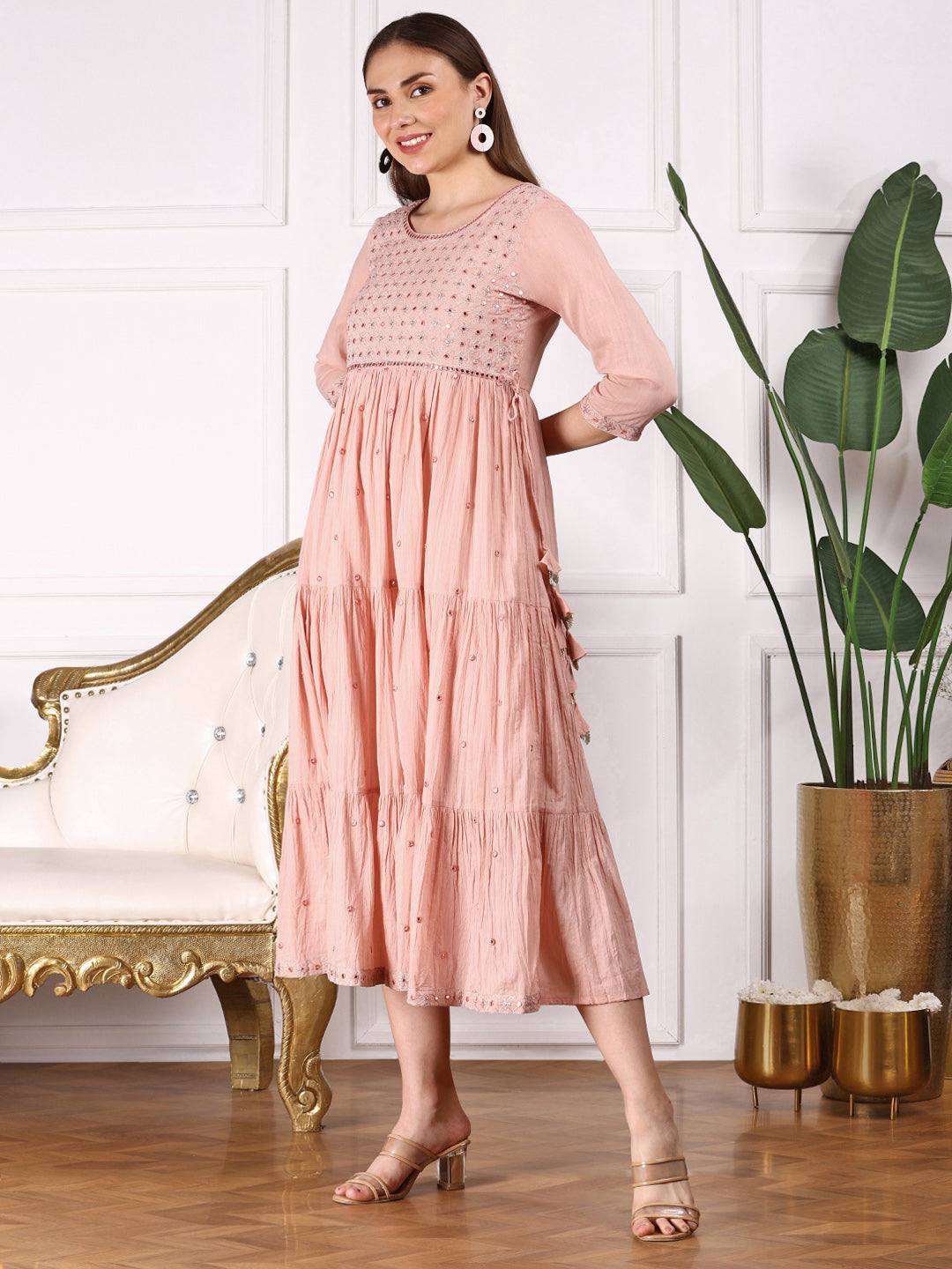 Comfy Peach Cotton Mirror Embroidered Fit & Flare Tiered Dress