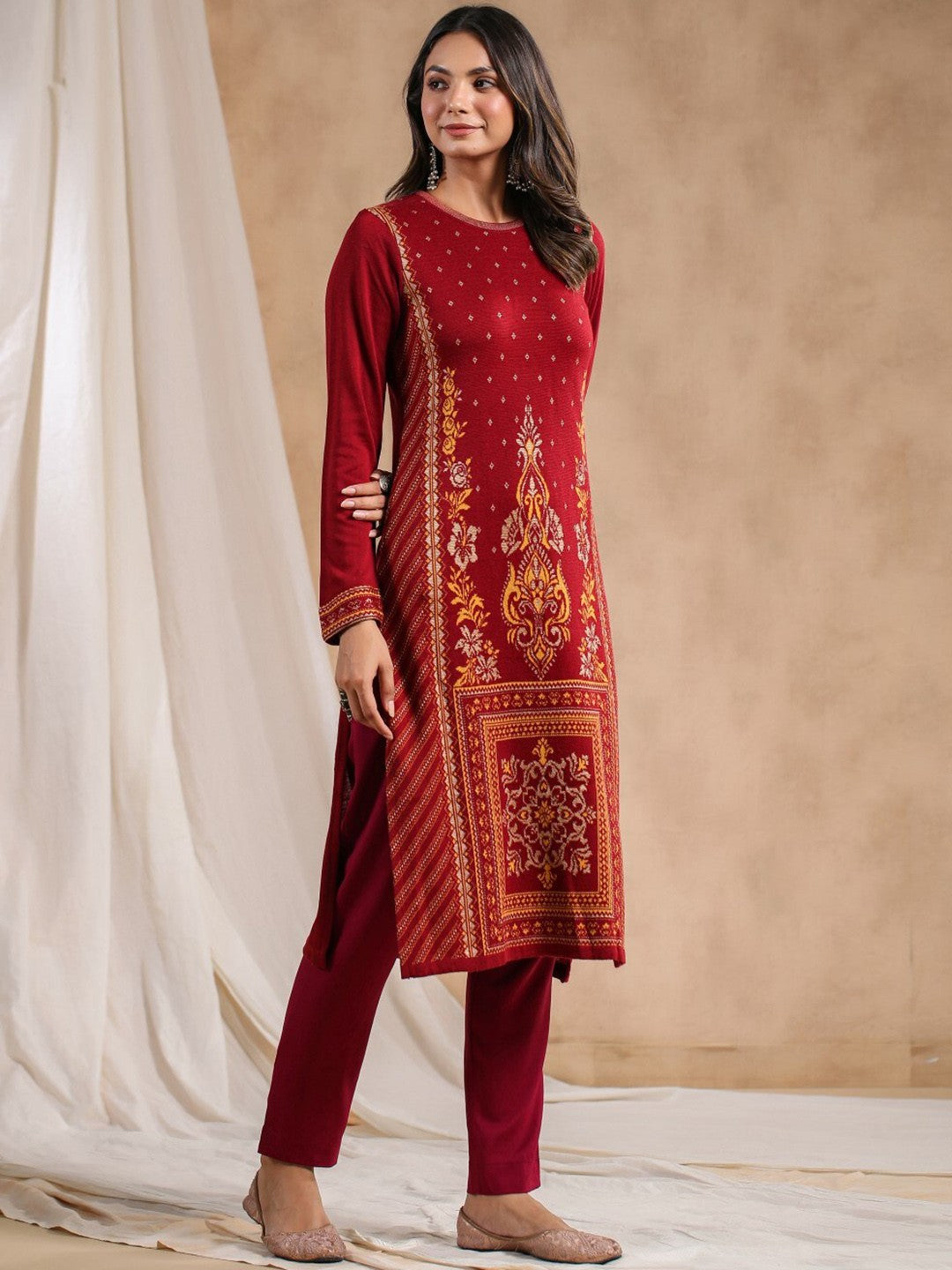 Warm Maroon Acrylic Ethnic Motif Printed Kurta Set with Jacquard Knitted Design and Straight Bottom