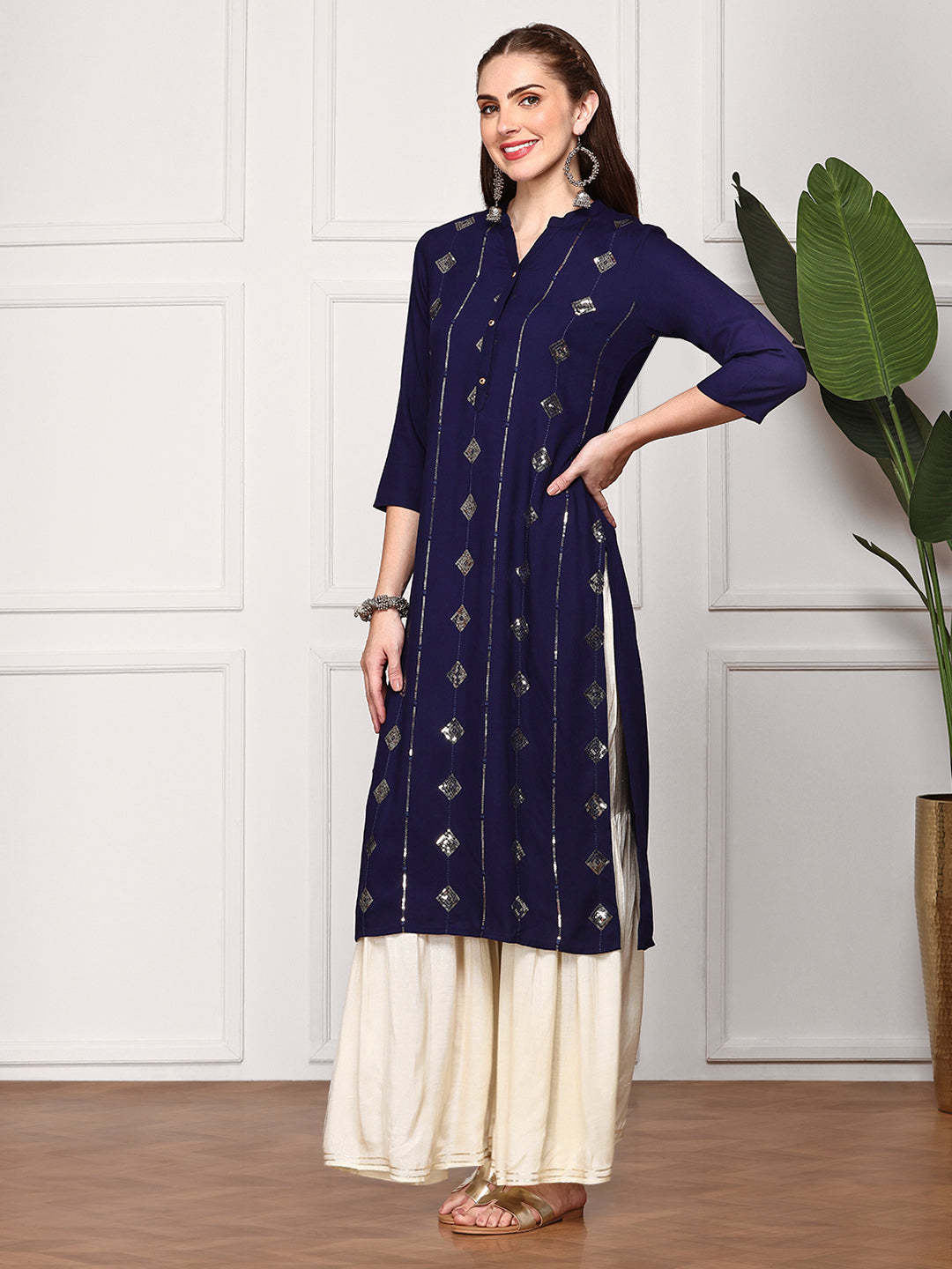 Ishin Women's Navy Blue Ethnic Motifs Embellished Band Collar Sequins Straight Kurta