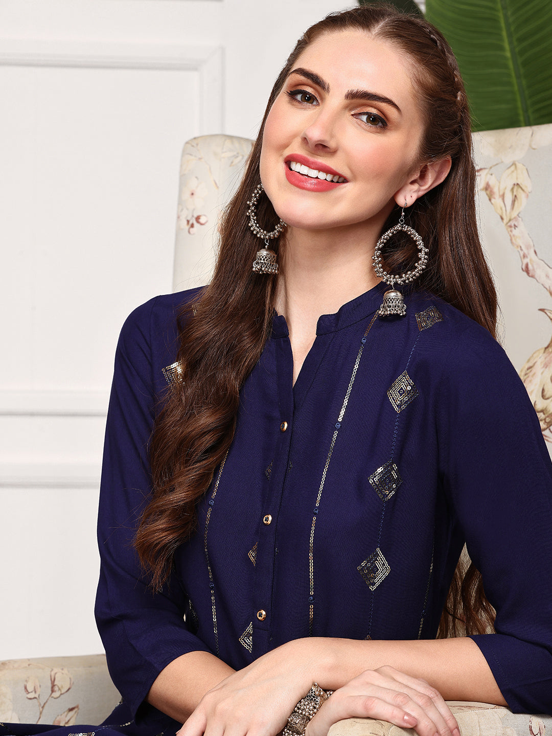 Ishin Women's Navy Blue Ethnic Motifs Embellished Band Collar Sequins Straight Kurta