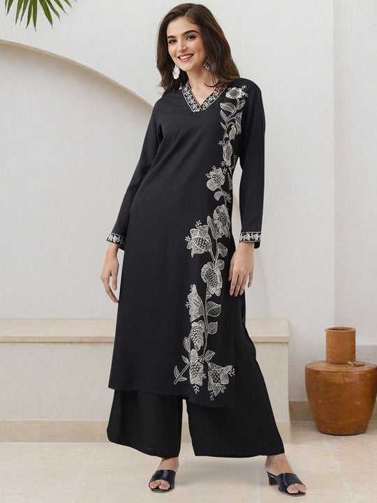 Comfy Black Viscose Rayon Bold Printed Kurta Set with Palazzo Bottom and Pocket