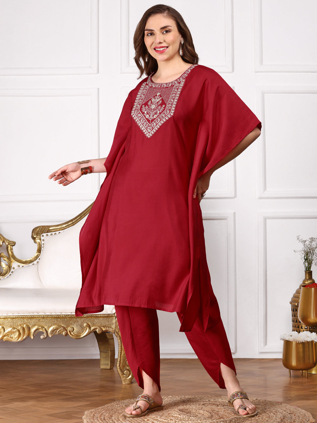 Red Floral Yoke Design Thread Work Kimono Sleeve Kaftan Kurta with Dhoti Pants