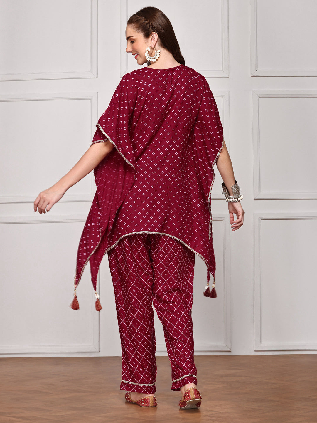 Ishin Women Embellished Bandhani Printed Kaftan Top with Hand Tassels Paired With Trouser