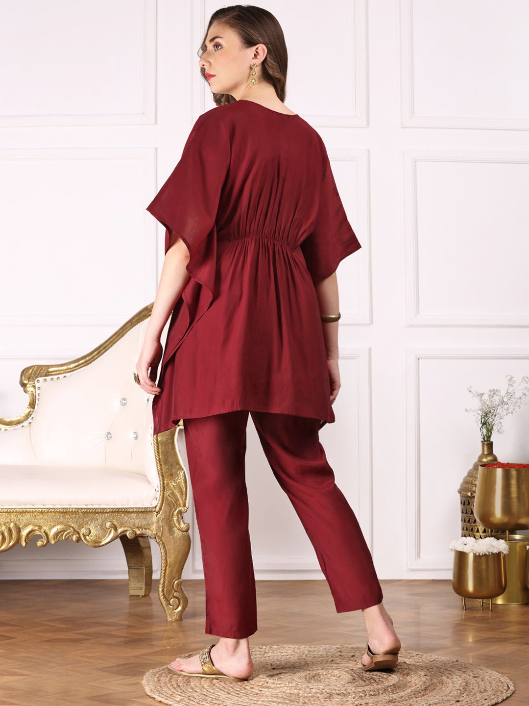 Ishin Women Maroon Kimono Sleeve Asymmetric Kaftan Kurti with Trousers