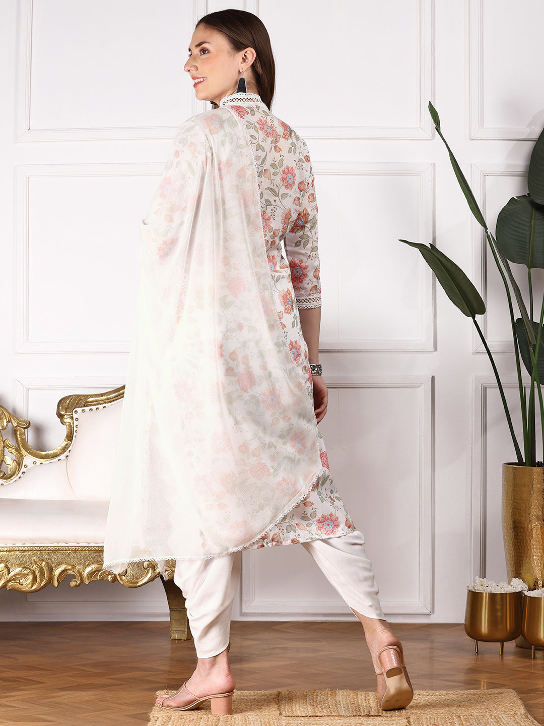 Floral Printed V-Neck Straight Kurta with Dhoti Pants & Dupatta