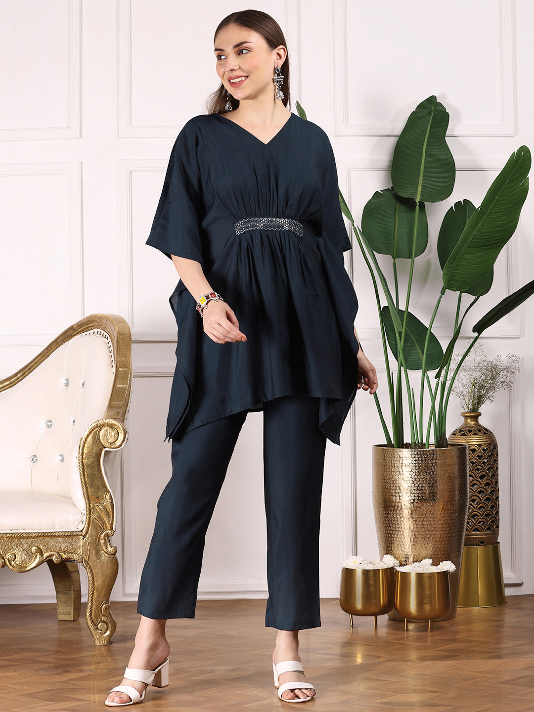 Ishin Women Navy Blue Kimono Sleeve Asymmetric Kaftan Kurti with Trousers