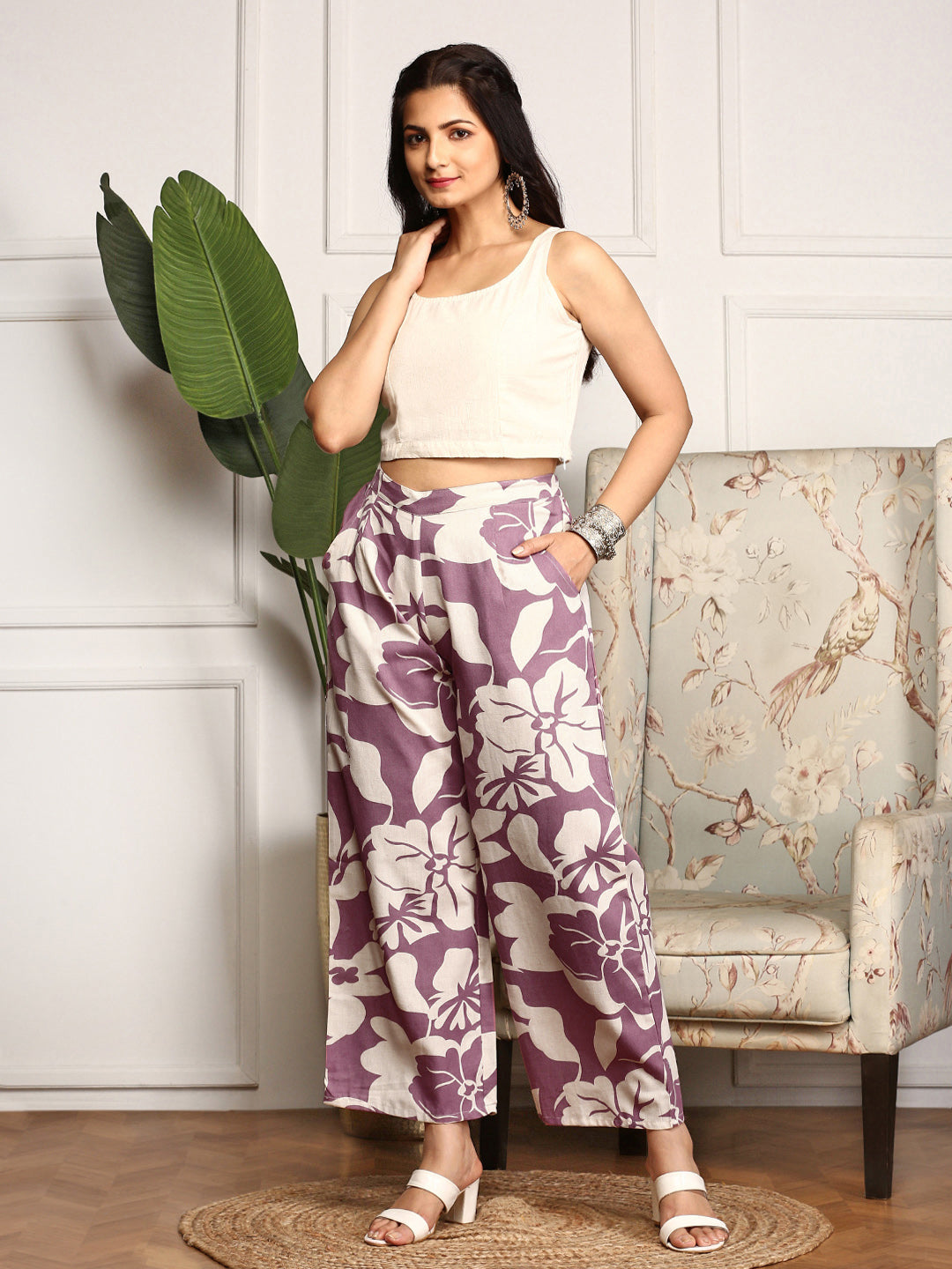 Comfy Cotton Purple Floral Printed crop top Paired with flared Bottom and Shrug Co-ords