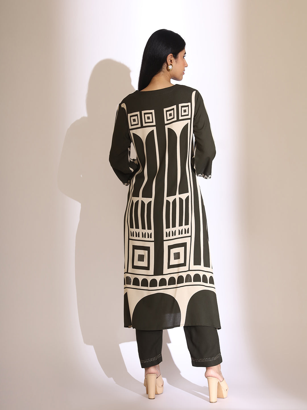 ISHIN Women Geometric Quirky Printed A- Line Kurta & Trouser with Embroidered Hem