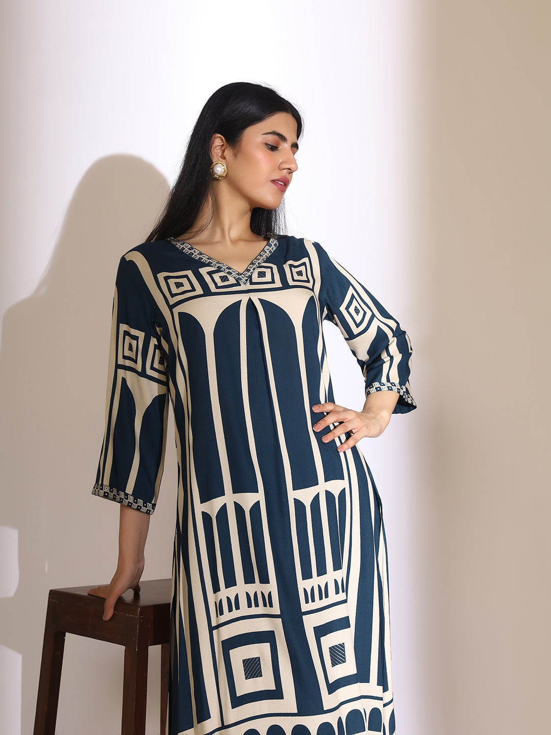 ISHIN Women Geometric Quirky Printed A- Line Kurta and Pants with Embroidered Hem