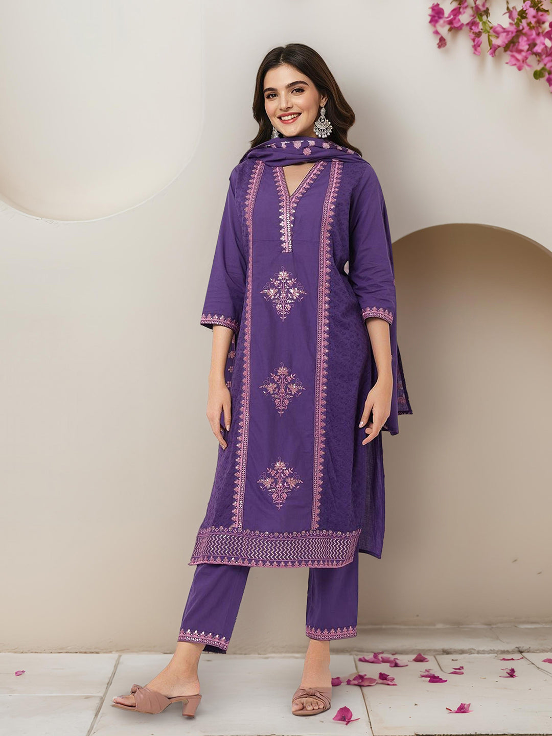 Rich Lilac Pure Cotton Embroidered Kurta Set with Straight Bottom and Sequined Embroidered Dupatta