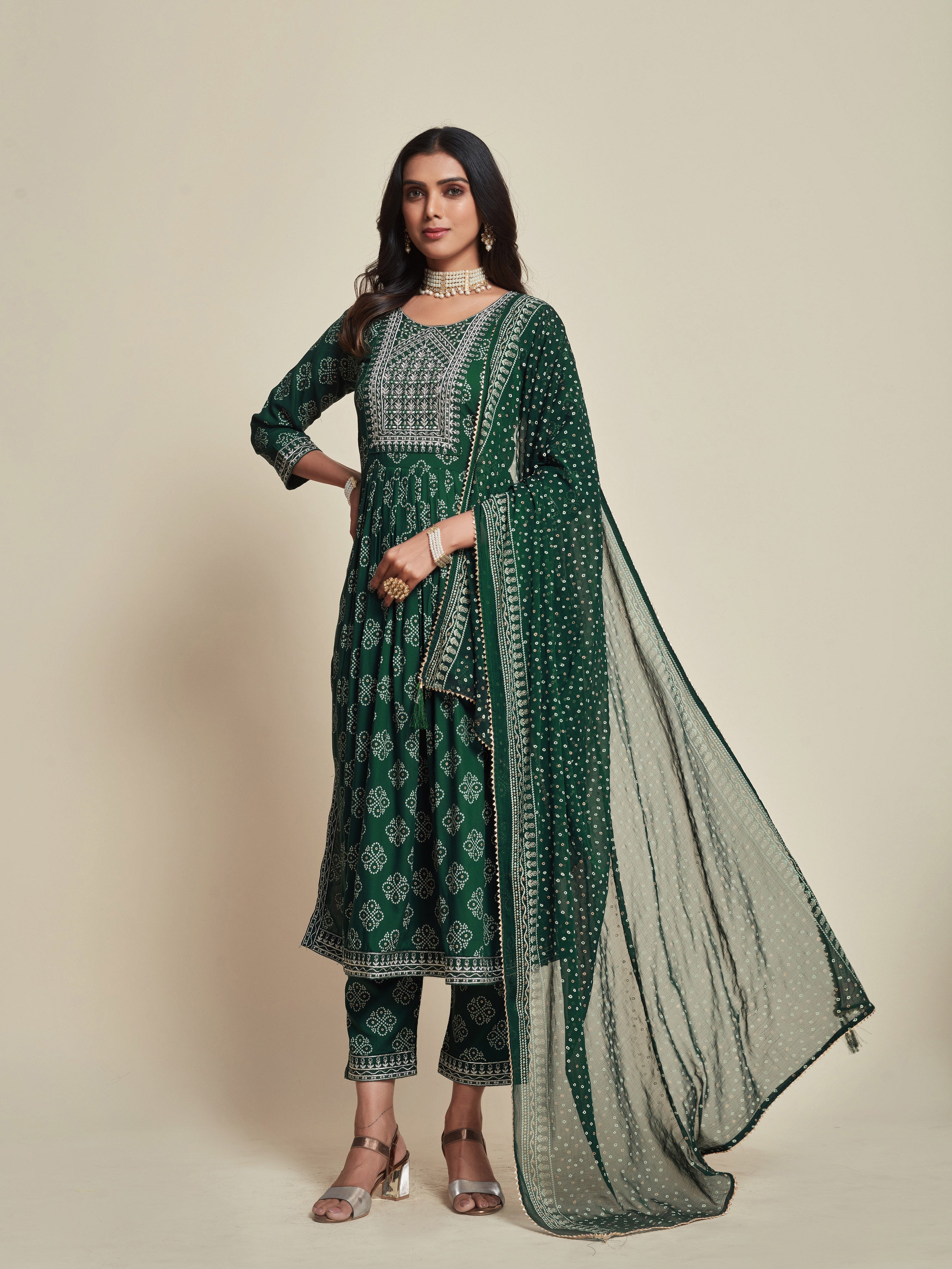 Bandhani Printed Empire Thread Work Kurta with Trousers & Dupatta