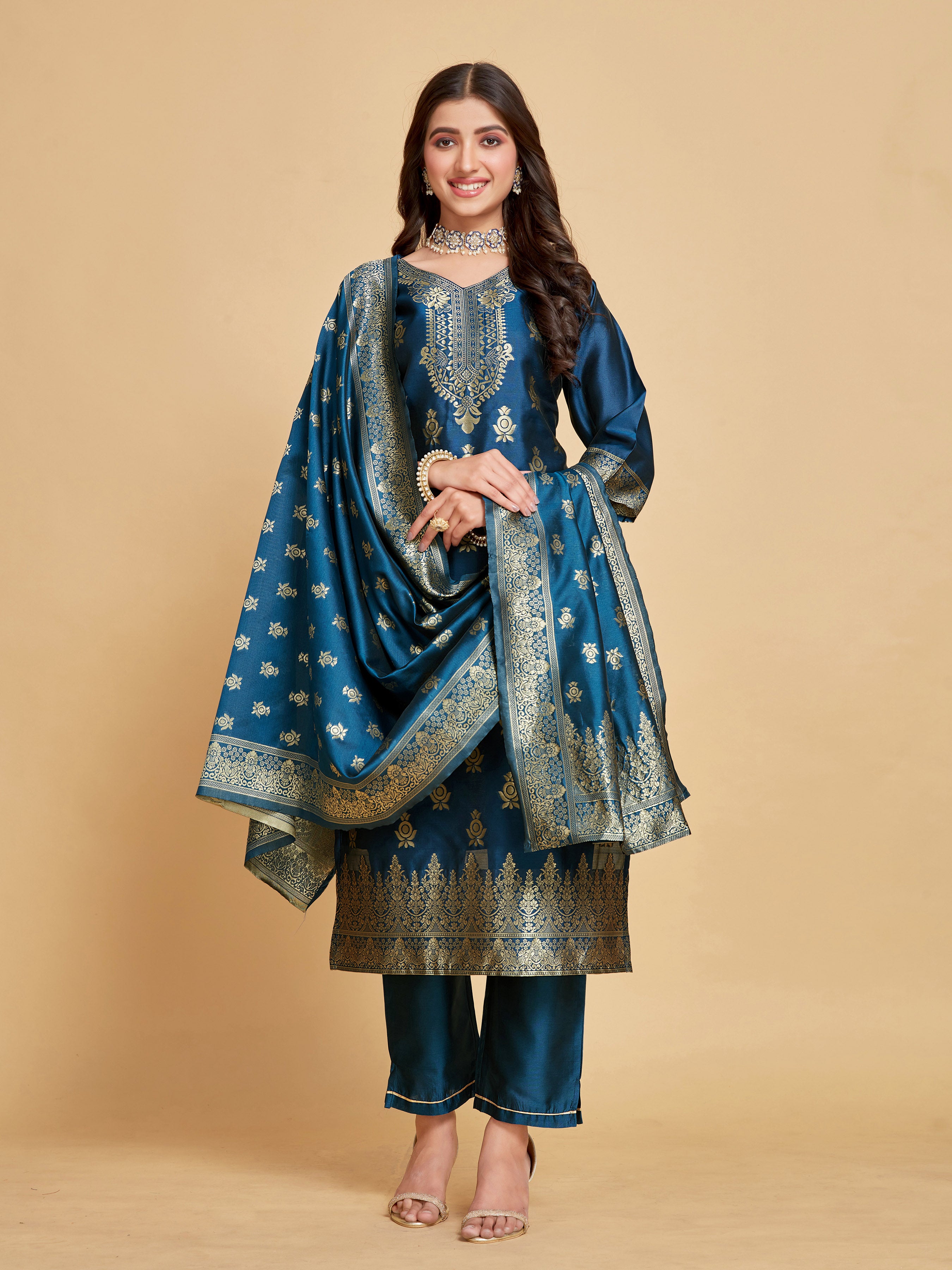 Ethnic Motifs Straight V Neck Kurta with Trousers & Dupatta