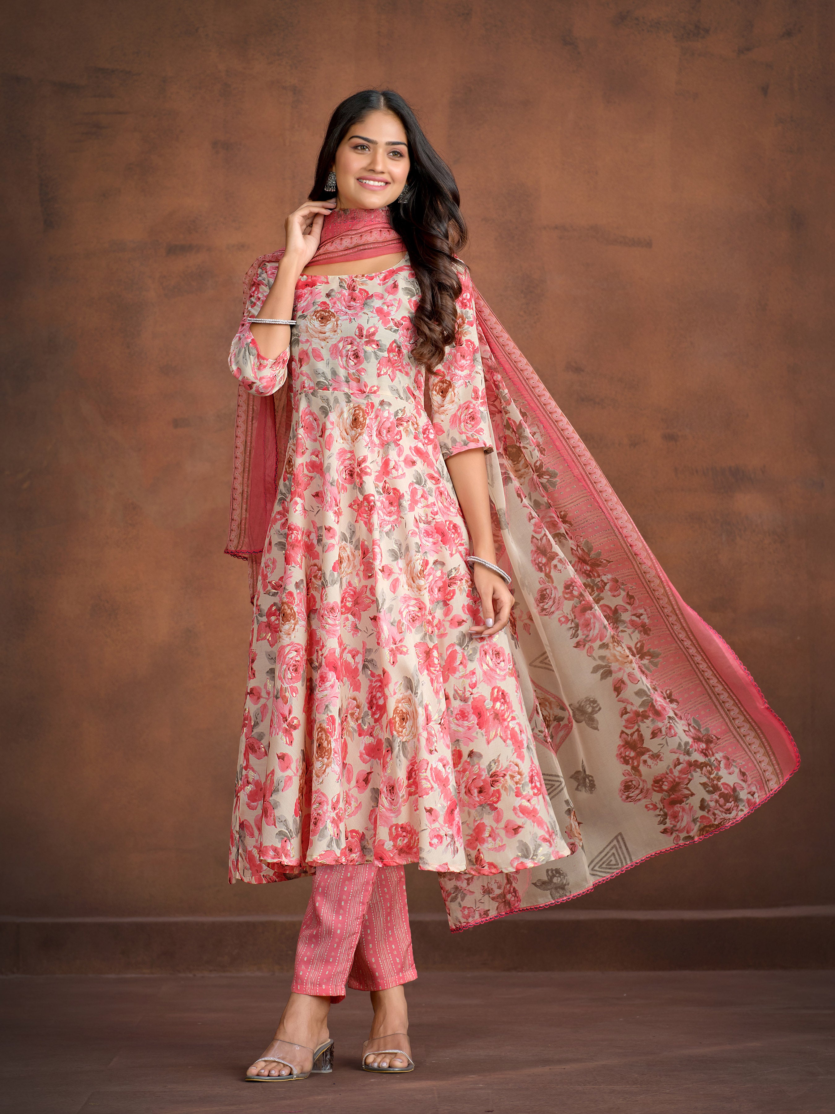 Floral Printed A-line Kurta with Trousers & Printed Dupatta