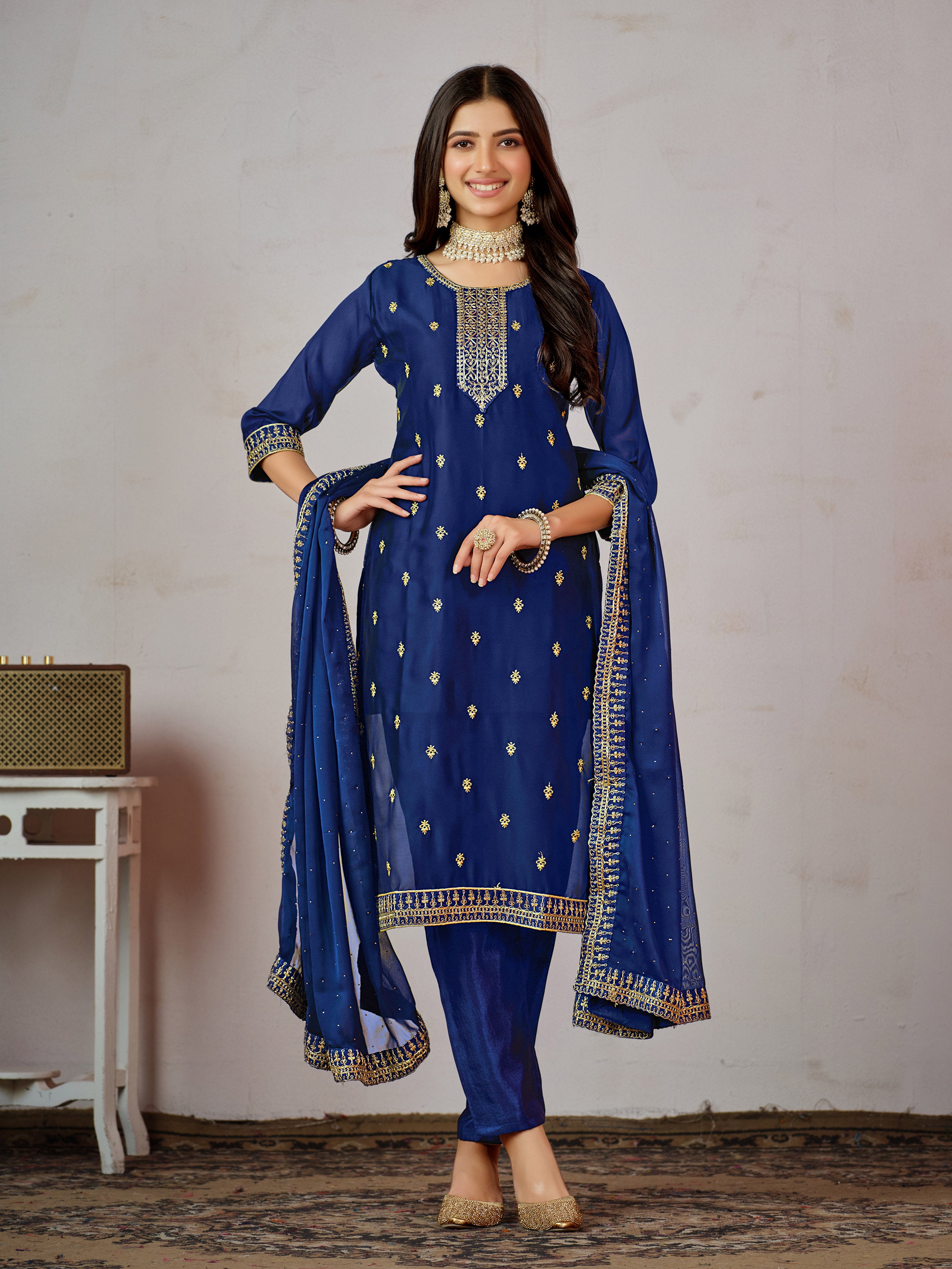 Yoke Ethnic Embroidered Straight Kurta with Trousers & Dupatta