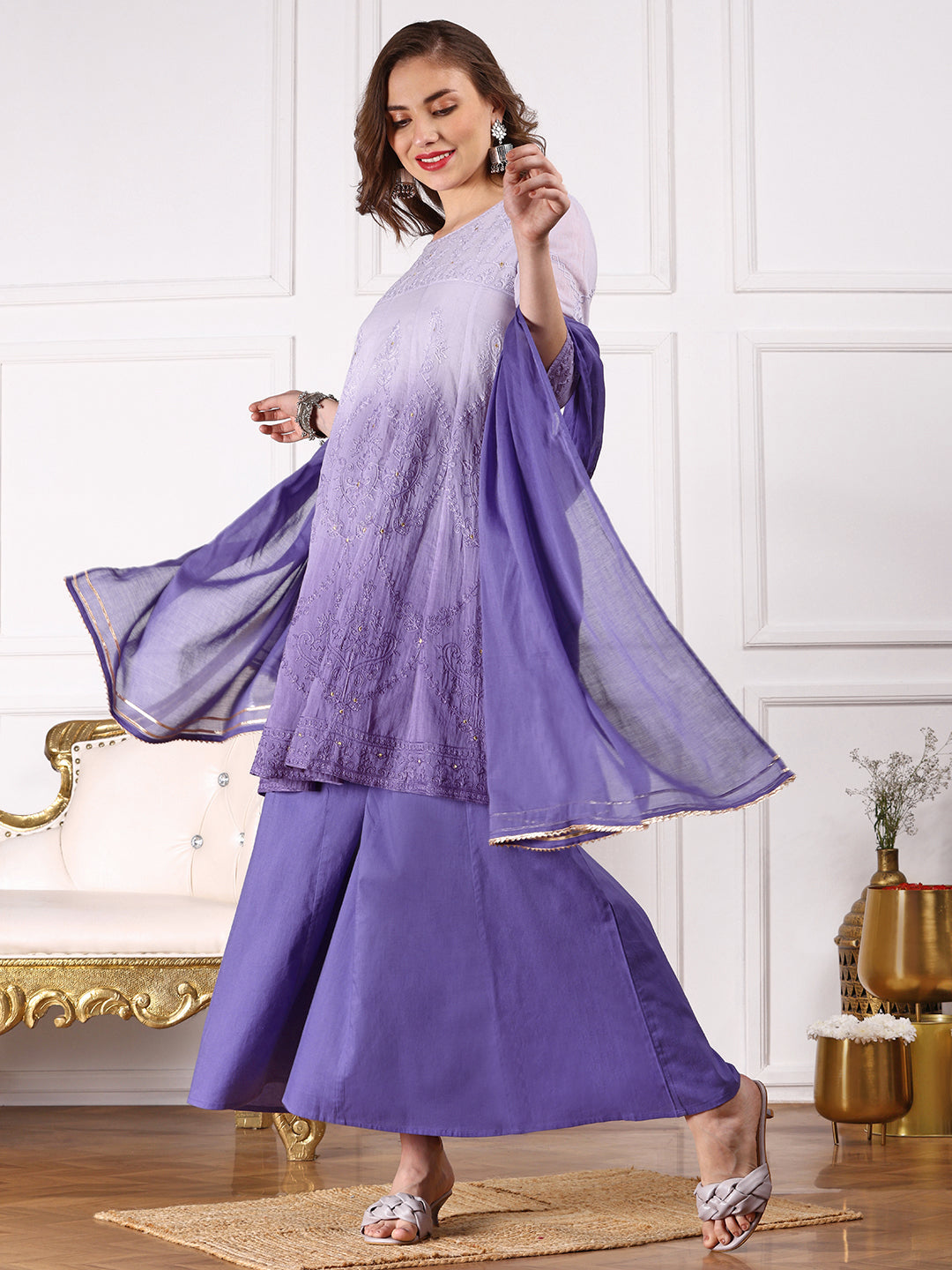 Ombre Embroidered Regular Thread Work Pure Cotton A-Line Kurta with Palazzos & With Dupatta