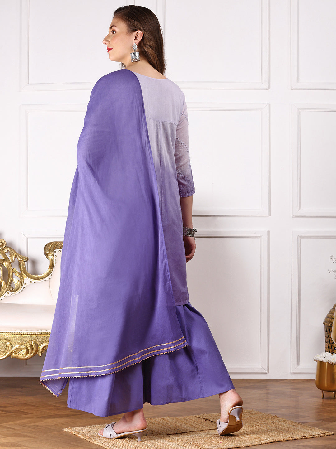 Ombre Embroidered Regular Thread Work Pure Cotton A-Line Kurta with Palazzos & With Dupatta