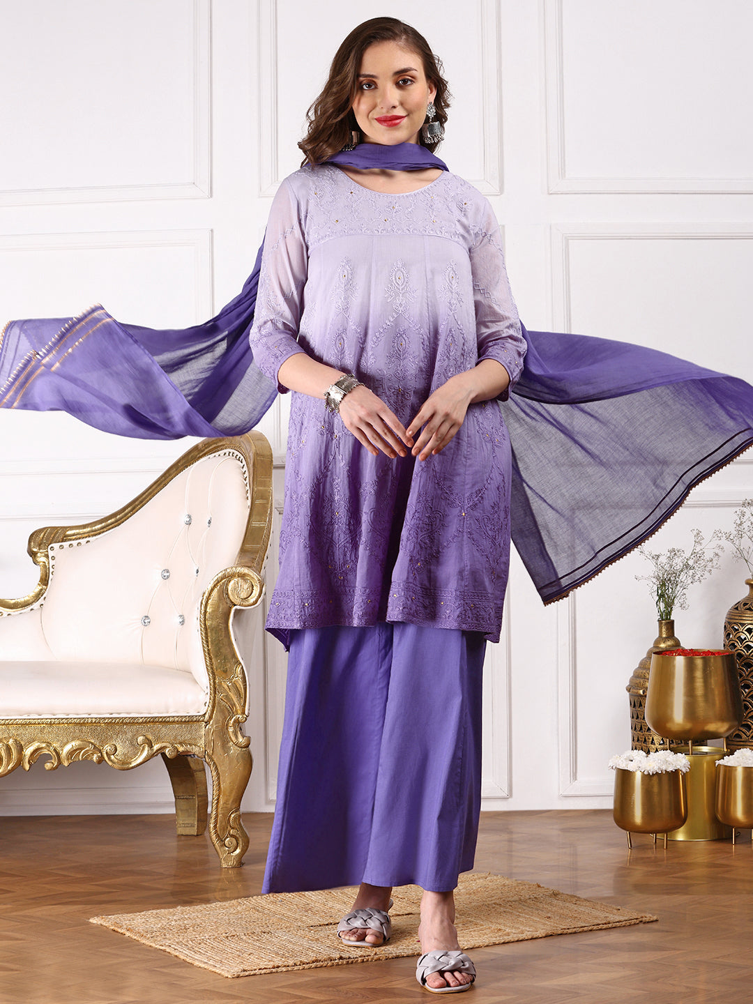 Ombre Embroidered Regular Thread Work Pure Cotton A-Line Kurta with Palazzos & With Dupatta