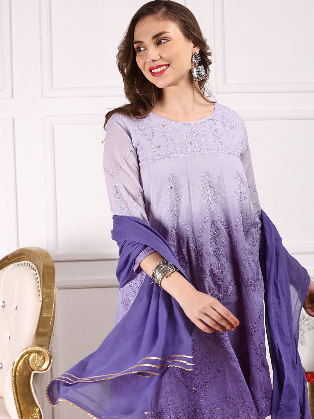 Ombre Embroidered Regular Thread Work Pure Cotton A-Line Kurta with Palazzos & With Dupatta