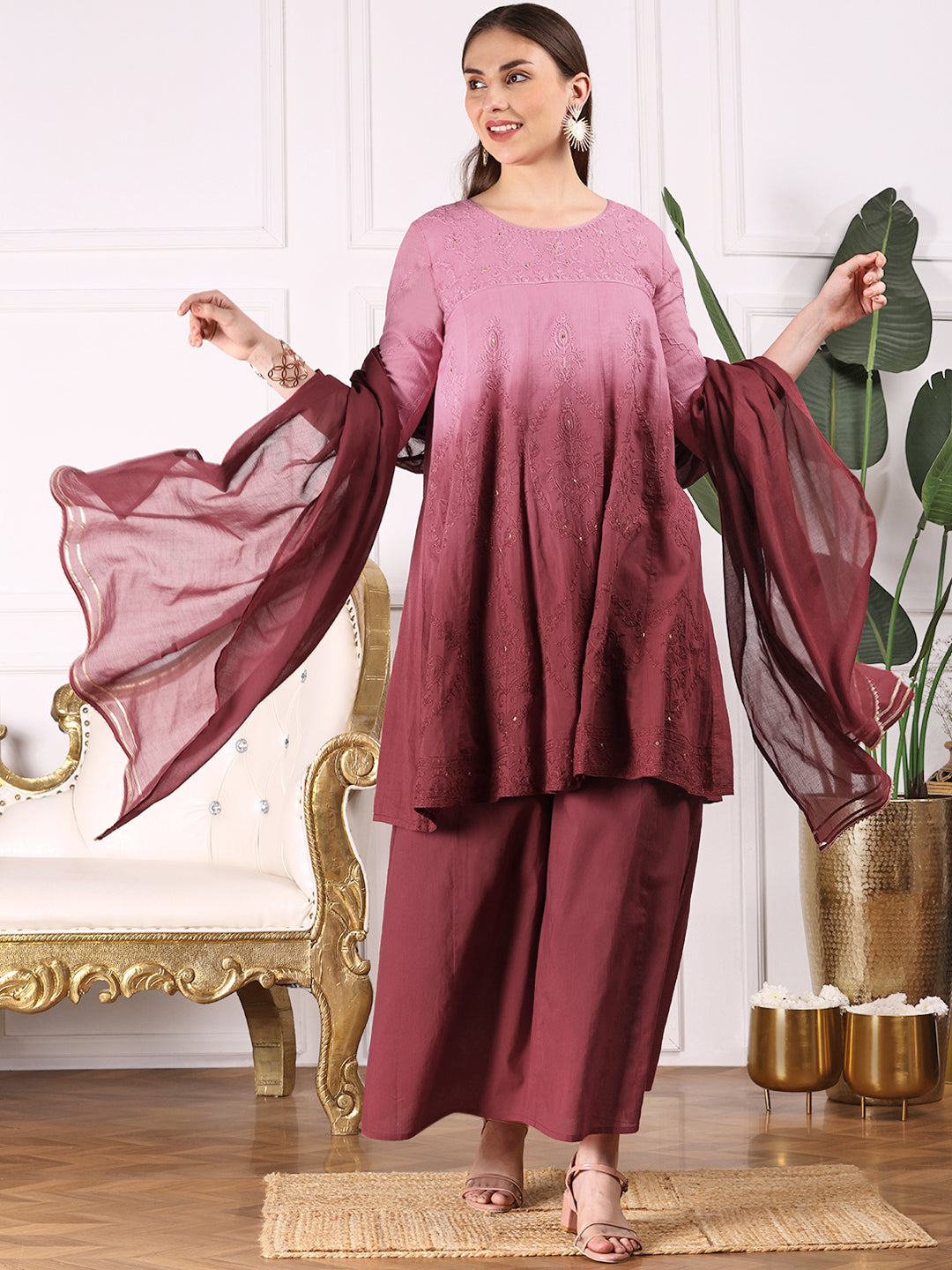 Ombre Embroidered Regular Thread Work Pure Cotton A-Line Kurta with Palazzos & With Dupatta