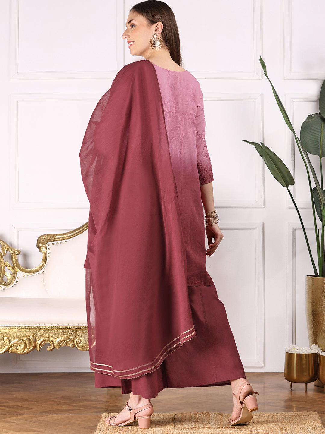 Ombre Embroidered Regular Thread Work Pure Cotton A-Line Kurta with Palazzos & With Dupatta