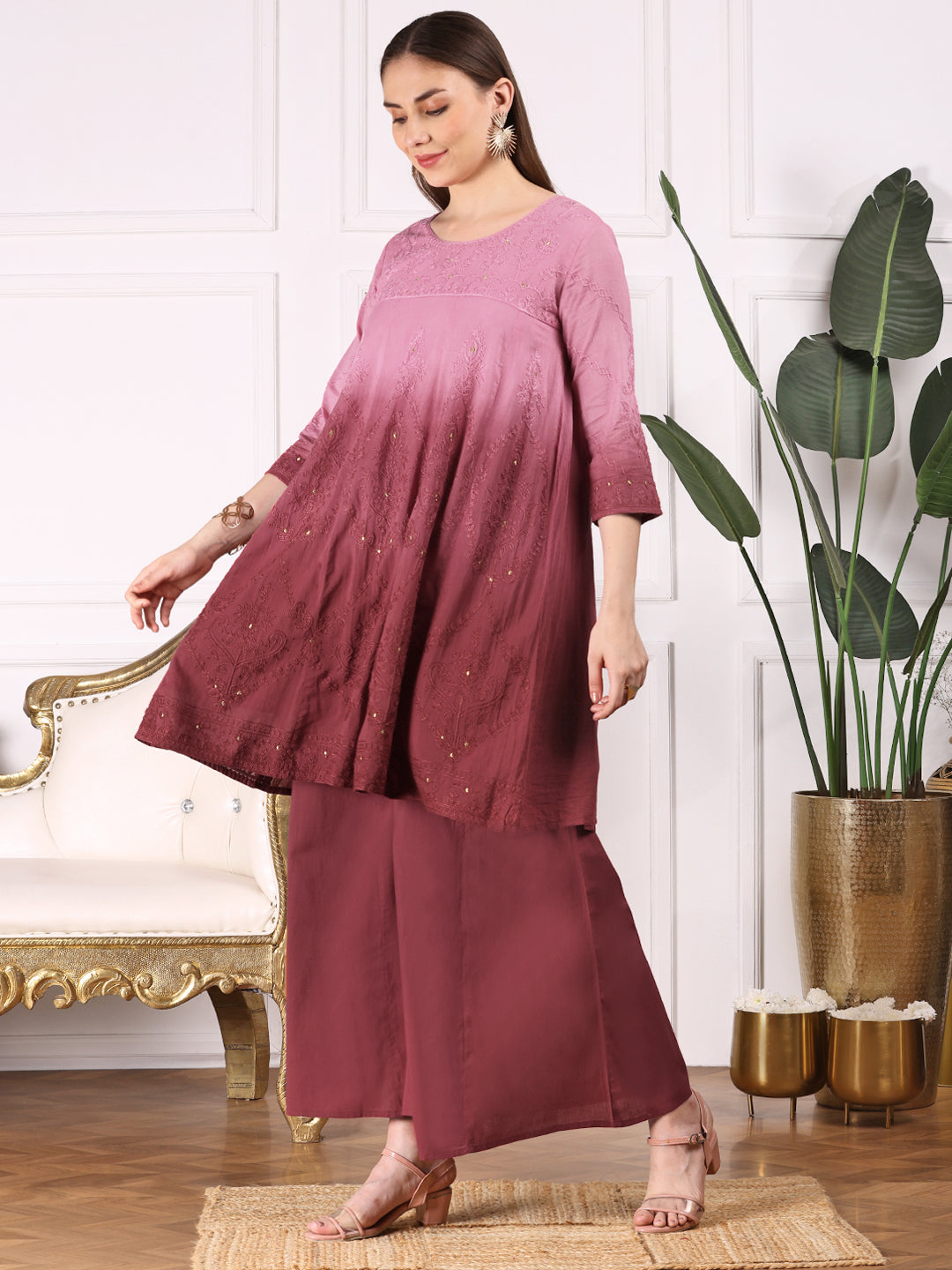 Ombre Embroidered Regular Thread Work Pure Cotton A-Line Kurta with Palazzos & With Dupatta