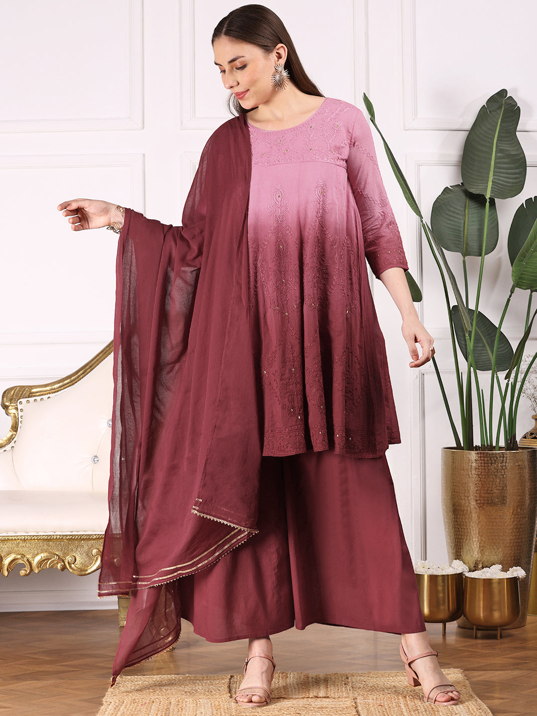 Ombre Embroidered Regular Thread Work Pure Cotton A-Line Kurta with Palazzos & With Dupatta