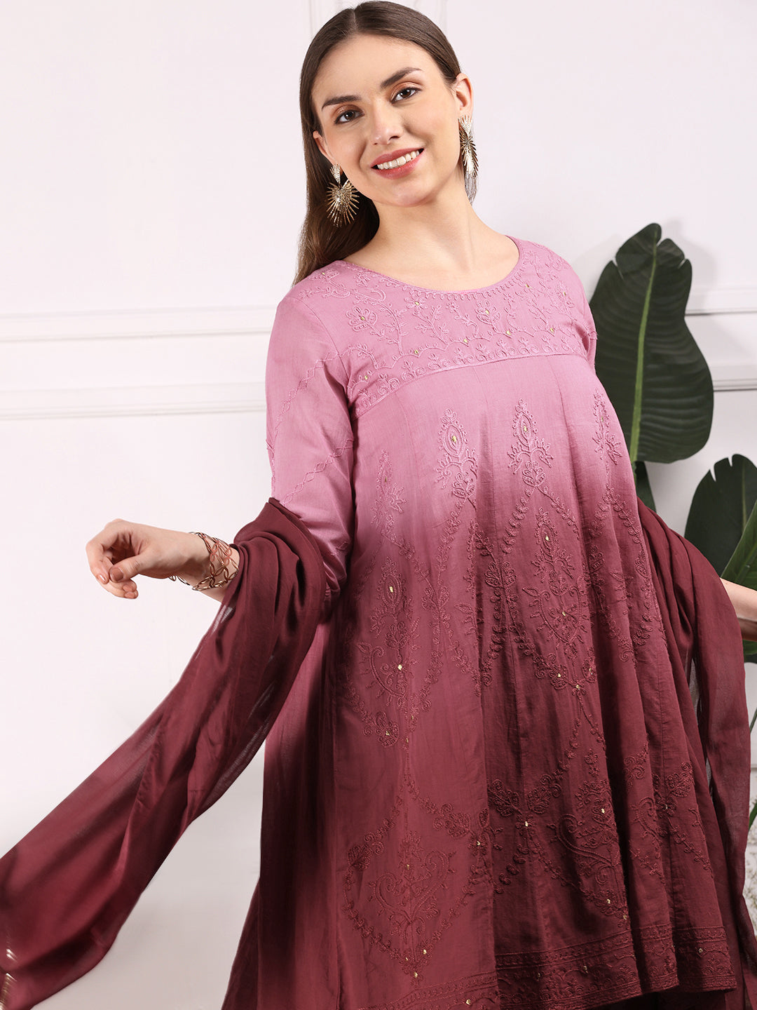 Ombre Embroidered Regular Thread Work Pure Cotton A-Line Kurta with Palazzos & With Dupatta