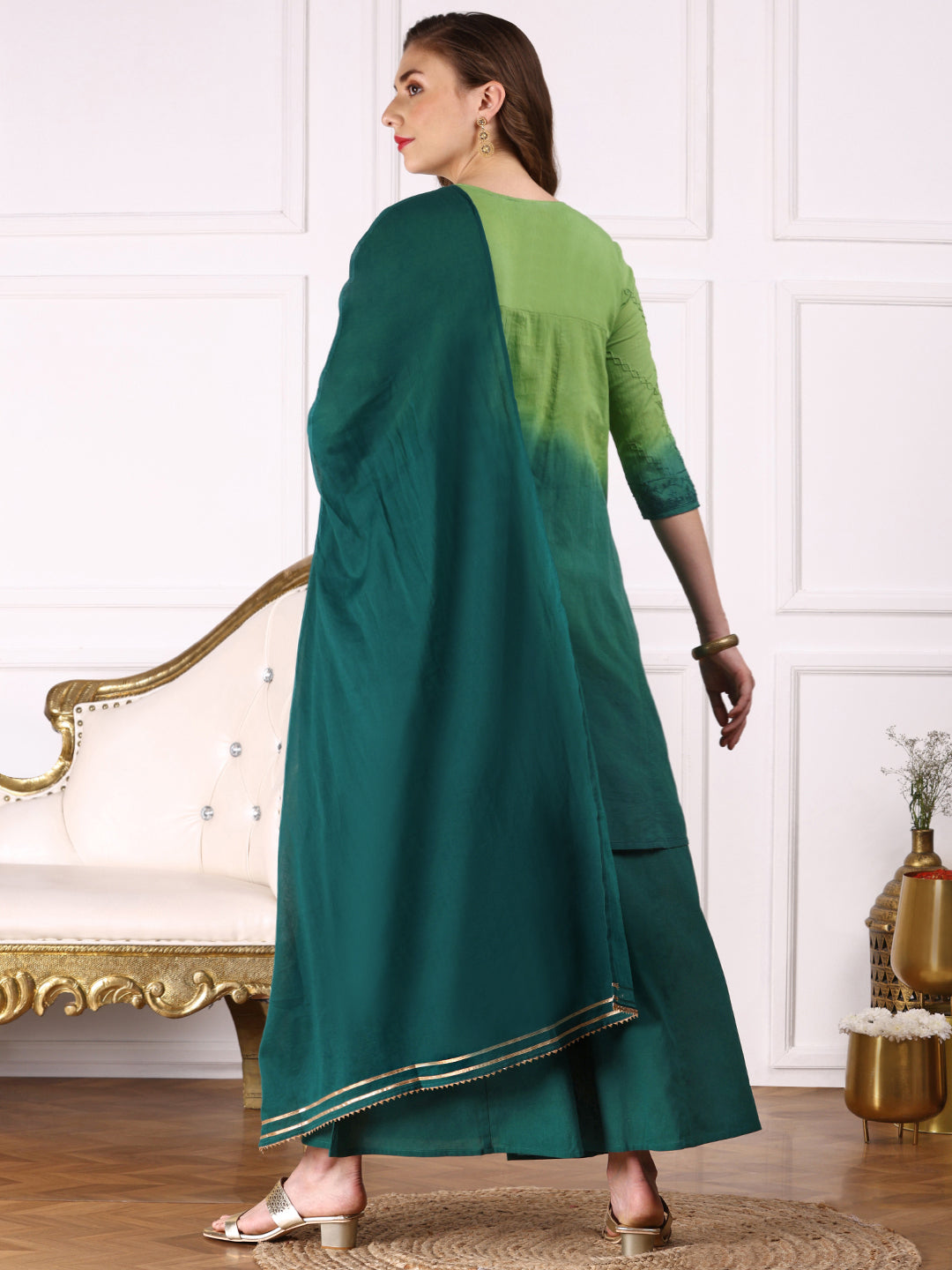 Ombre Embroidered Regular Thread Work Pure Cotton A-Line Kurta with Palazzos & With Dupatta