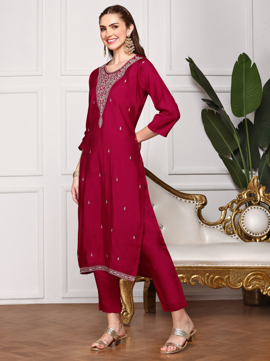 Ethnic Motifs Embroidered  Straight Kurta With Trousers & Dupatta