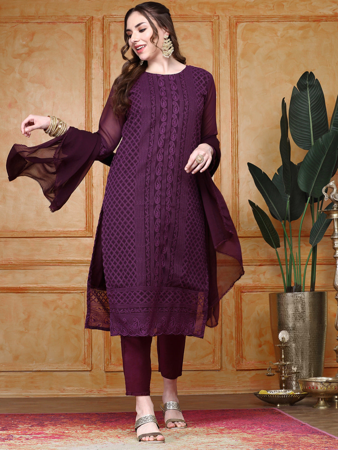 Paisley Embroidered Straight Chikankari Kurta with Trousers & Dupatta