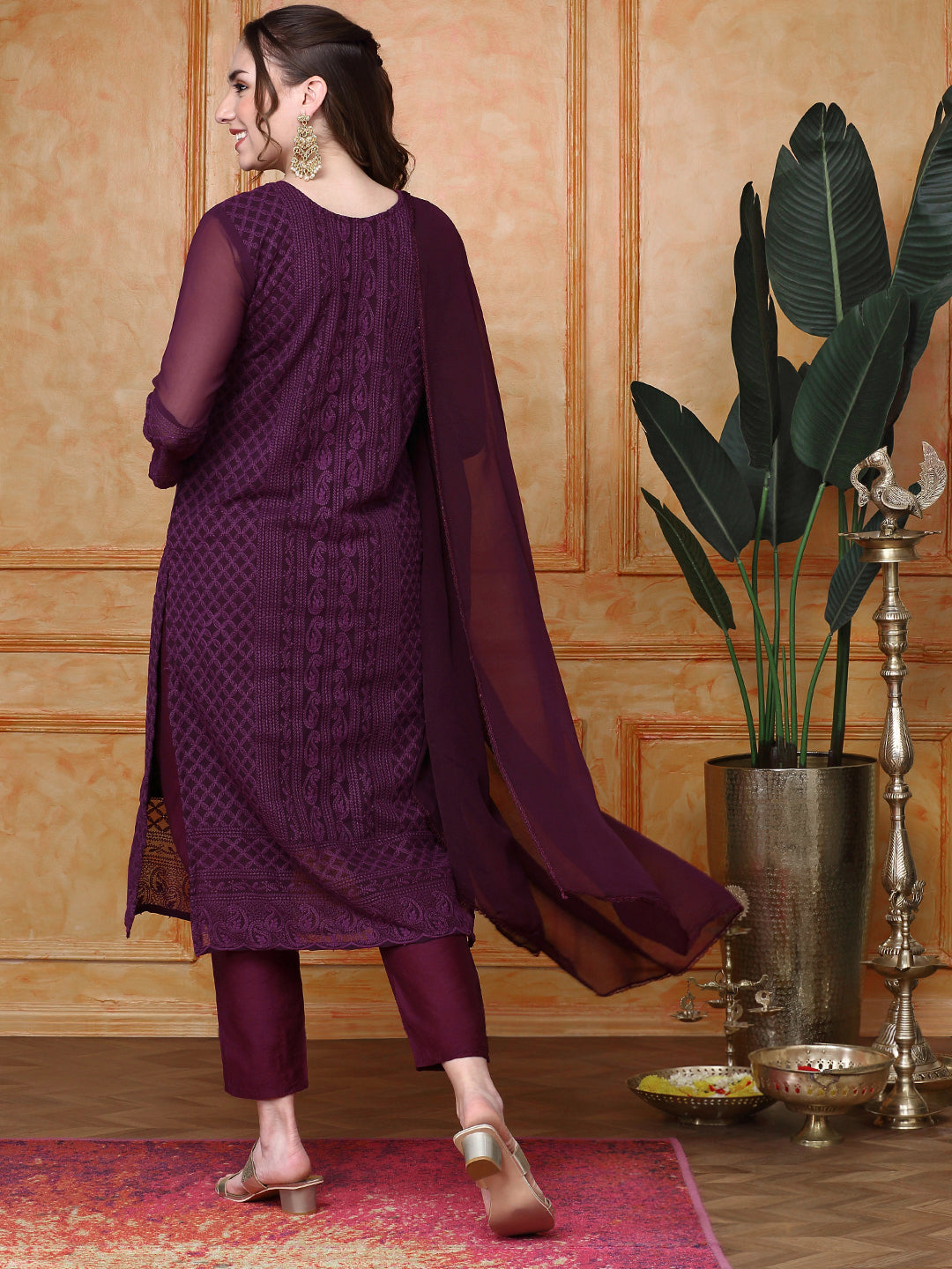 Paisley Embroidered Straight Chikankari Kurta with Trousers & Dupatta