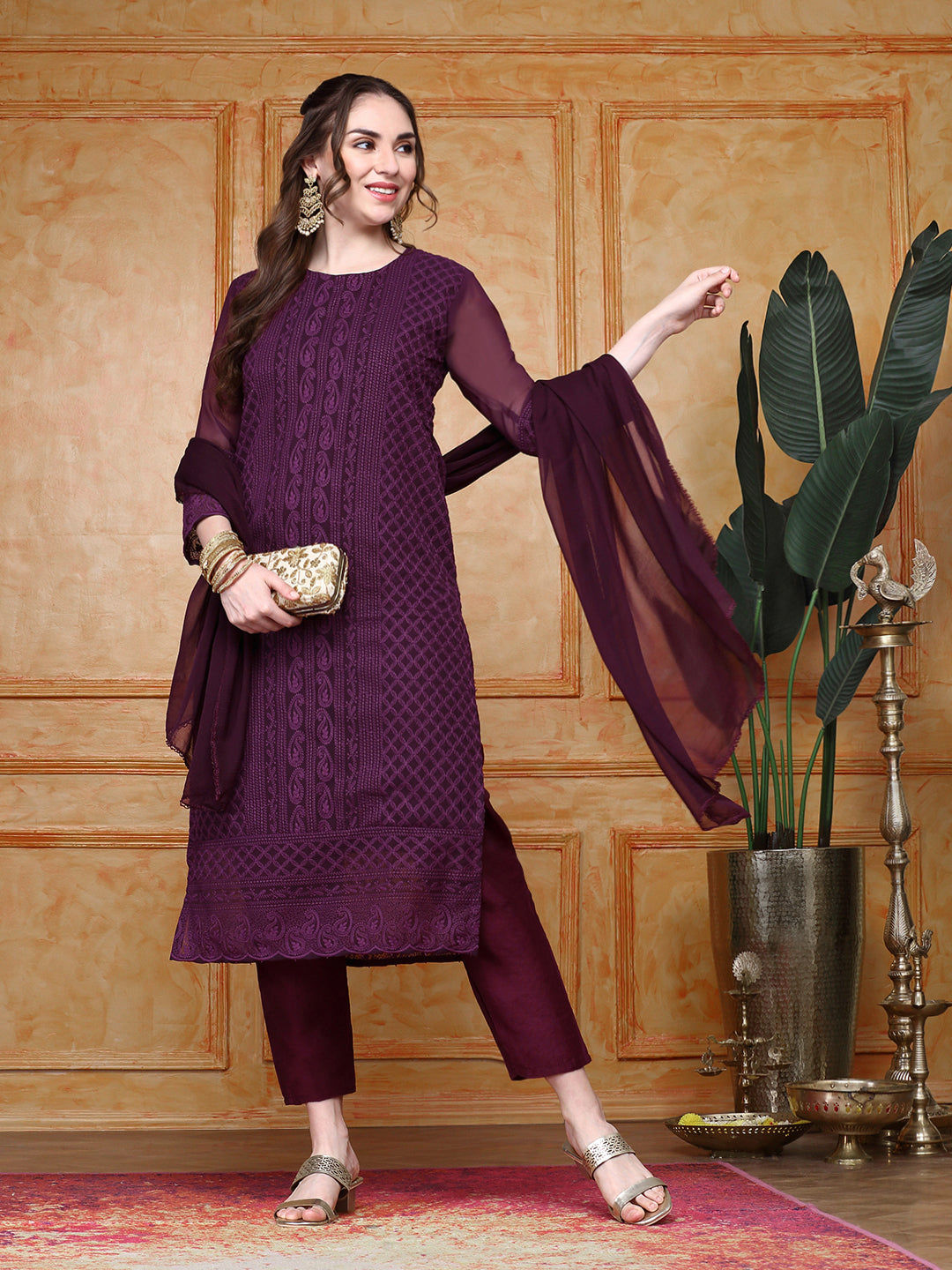 Paisley Embroidered Straight Chikankari Kurta with Trousers & Dupatta