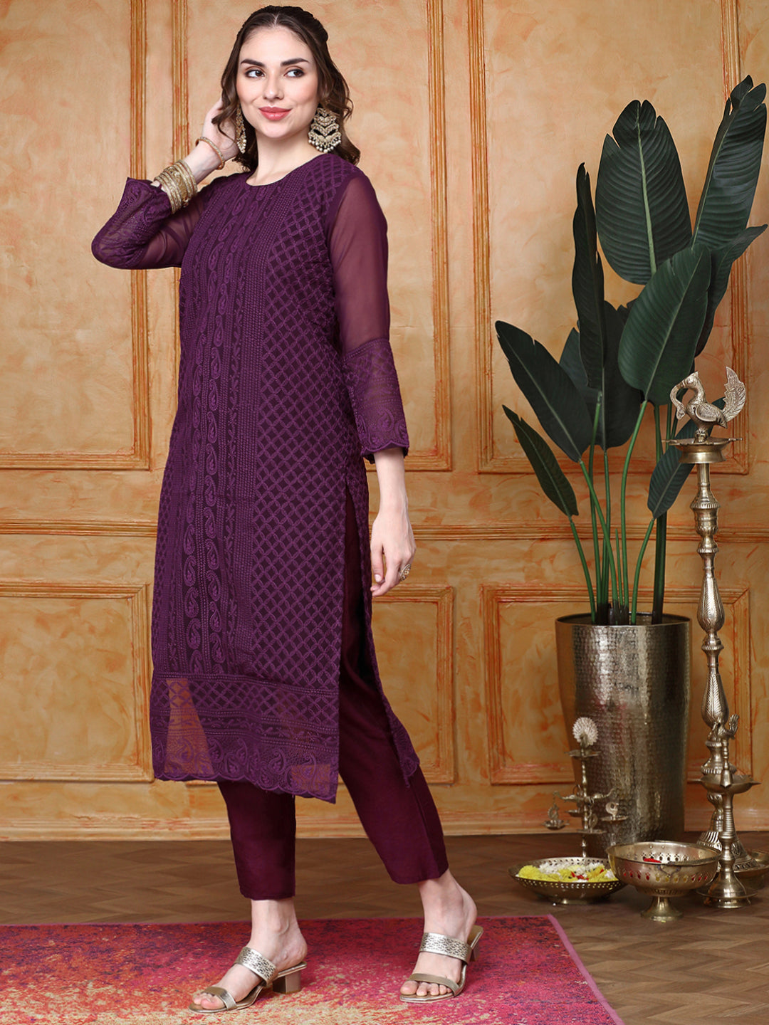 Paisley Embroidered Straight Chikankari Kurta with Trousers & Dupatta