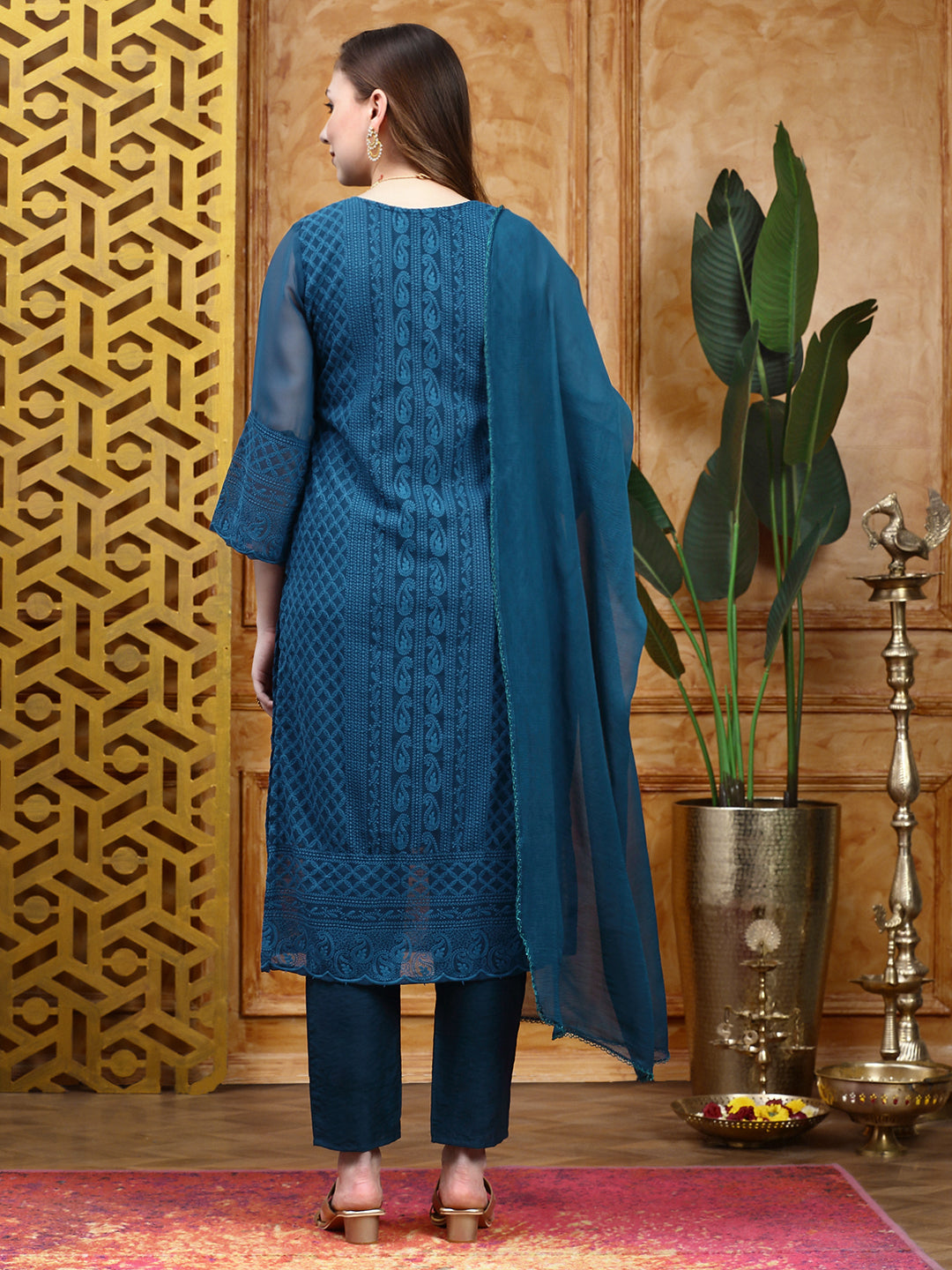 Paisley Embroidered Straight Chikankari Kurta with Trousers & Dupatta