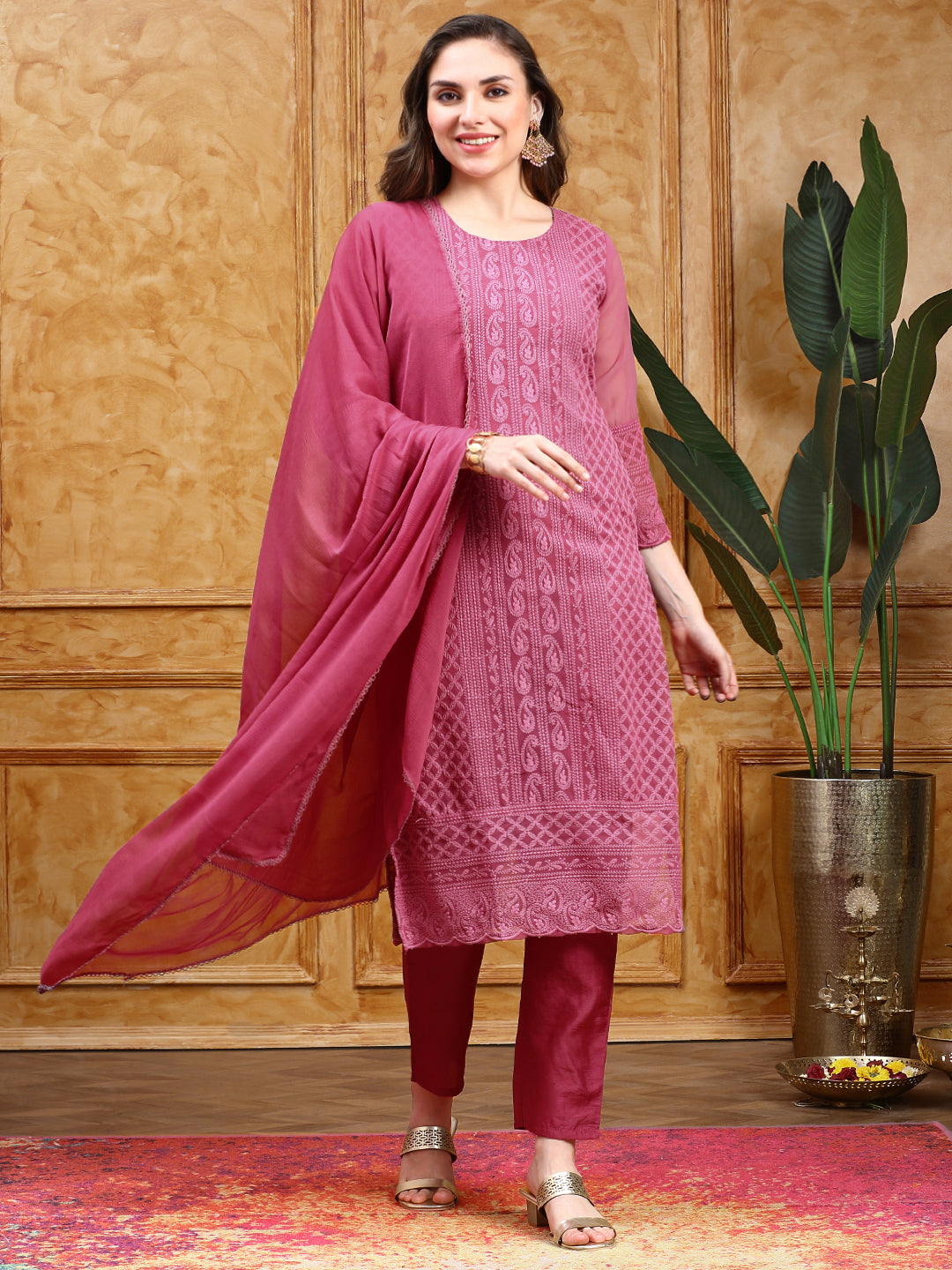 Paisley Embroidered Straight Chikankari Kurta with Trousers & Dupatta