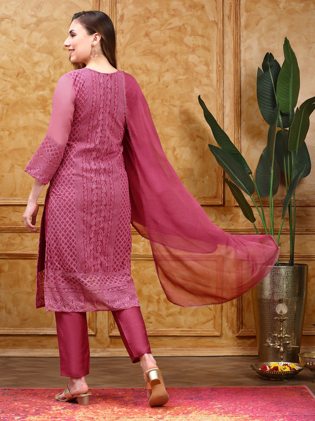 Paisley Embroidered Straight Chikankari Kurta with Trousers & Dupatta