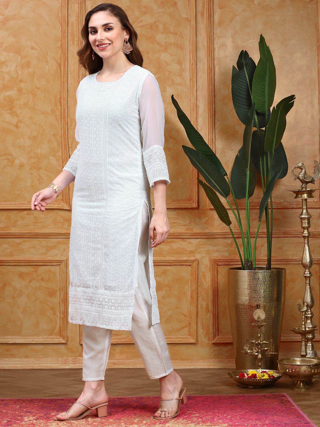 Ethnic Motifs Straight Chikankari Sequin Embellished Kurta with Trousers & Dupatta