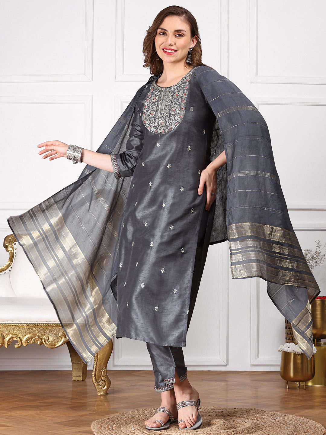 Ethnic Motifs Embroidered Straight Thread Work Kurta with Trousers & Dupatta