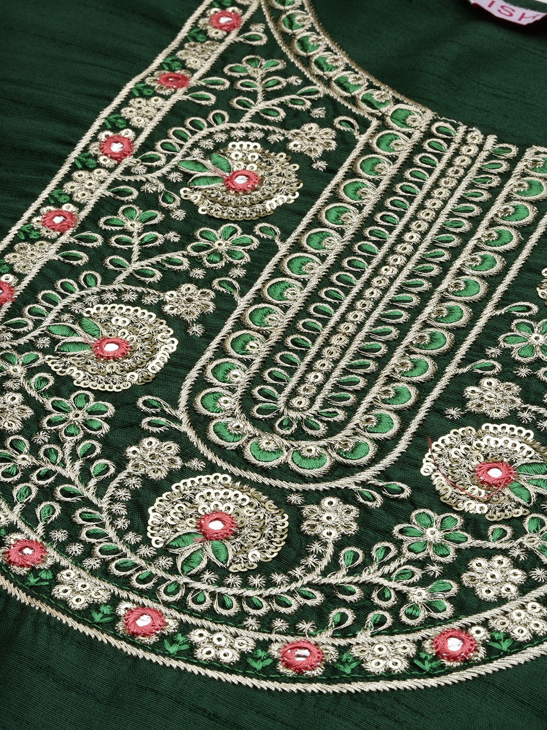 Green Ethnic Motifs Embroidered Straight Kurta & Trousers With Dupatta