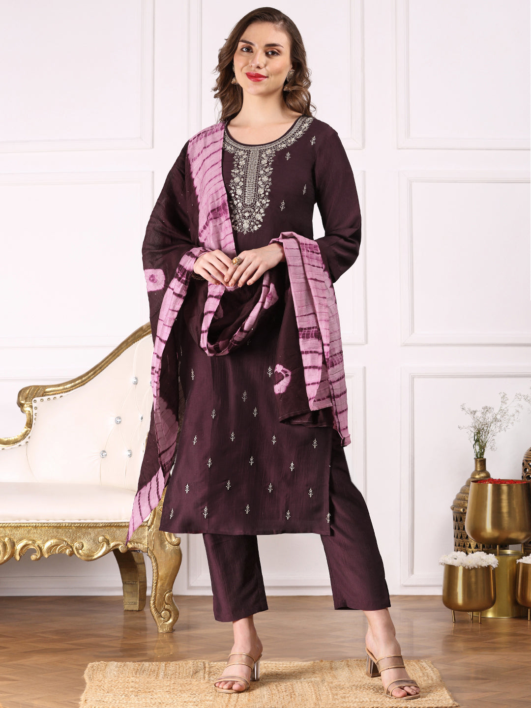 Round Neck Floral Embroidered Regular Thread Work Kurta with Trousers & Dupatta