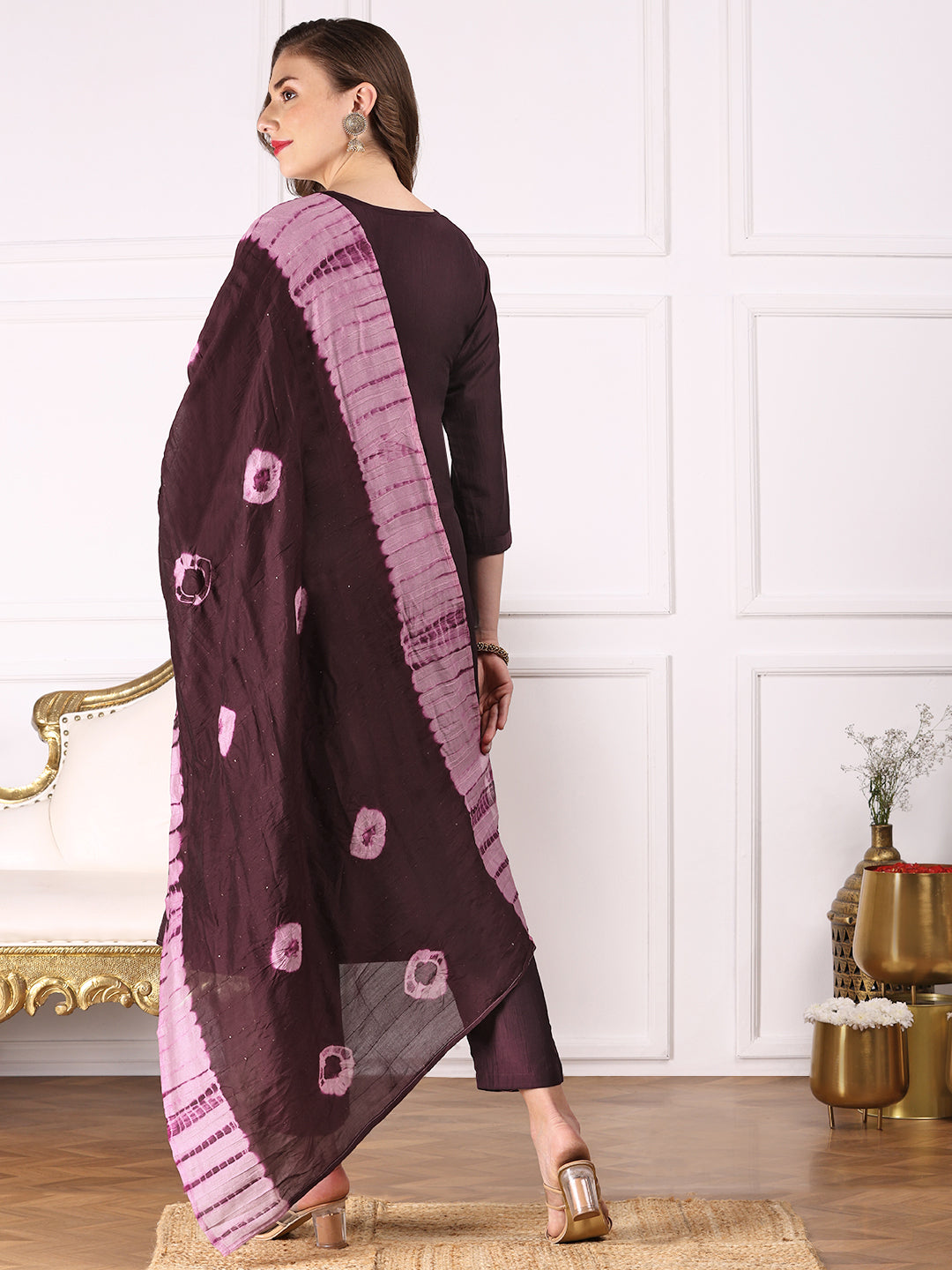 Round Neck Floral Embroidered Regular Thread Work Kurta with Trousers & Dupatta