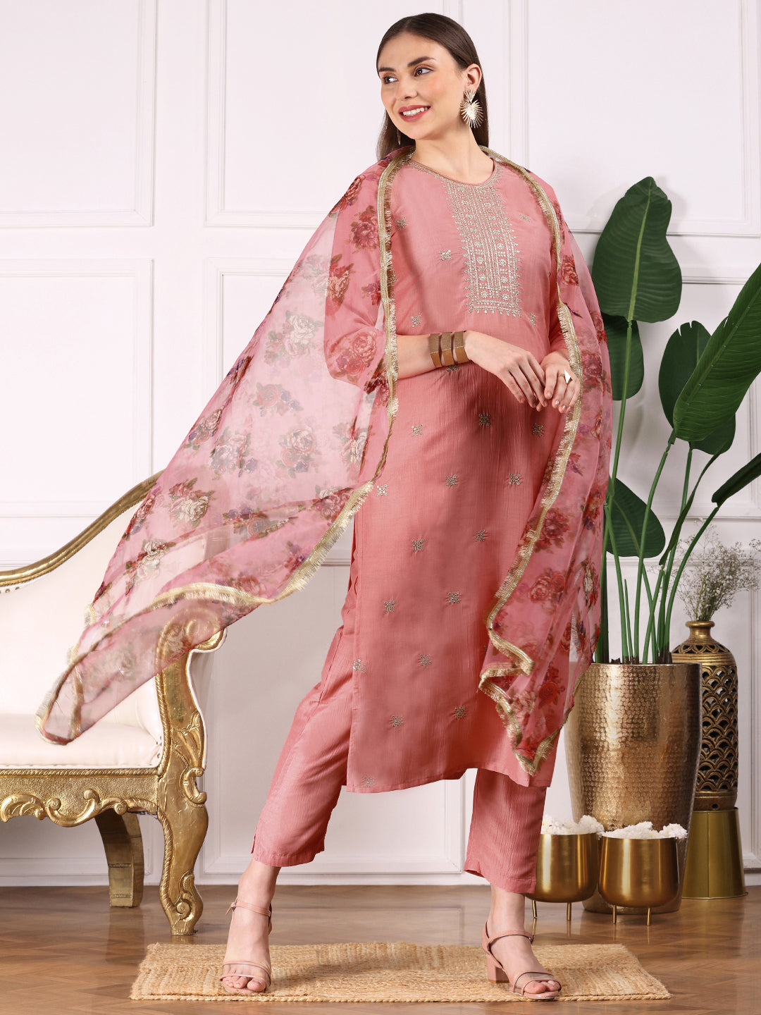 Ethnic Motifs Embroidered Round Neck Thread Work Kurta with Trousers & Dupatta